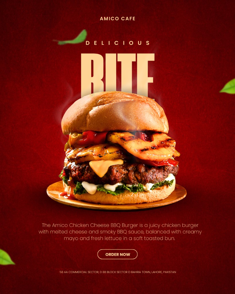 Amico Cafe chicken cheese BBQ burger advertisement