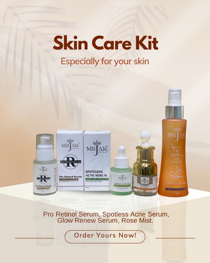 MR JAK skin care kit product lineup on reflective surface