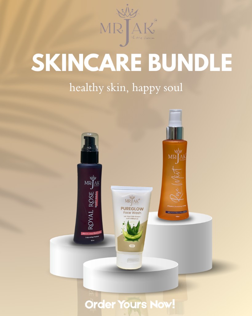 MR JAK skincare bundle advertisement with products on pedestals